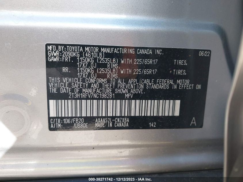 2022 TOYOTA RAV4 LE - 2T3H1RFV7NC198281