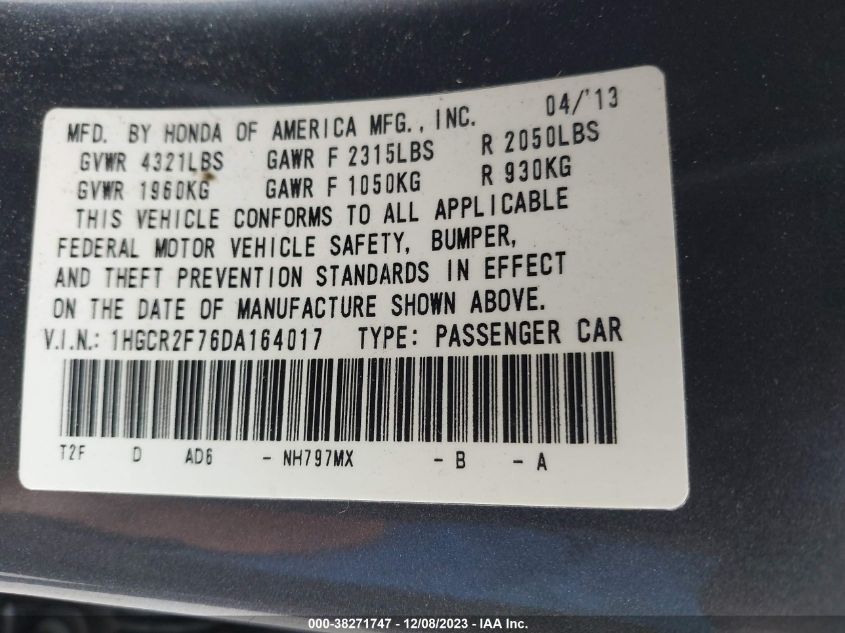 2013 HONDA ACCORD SDN EX 1HGCR2F76DA164017
