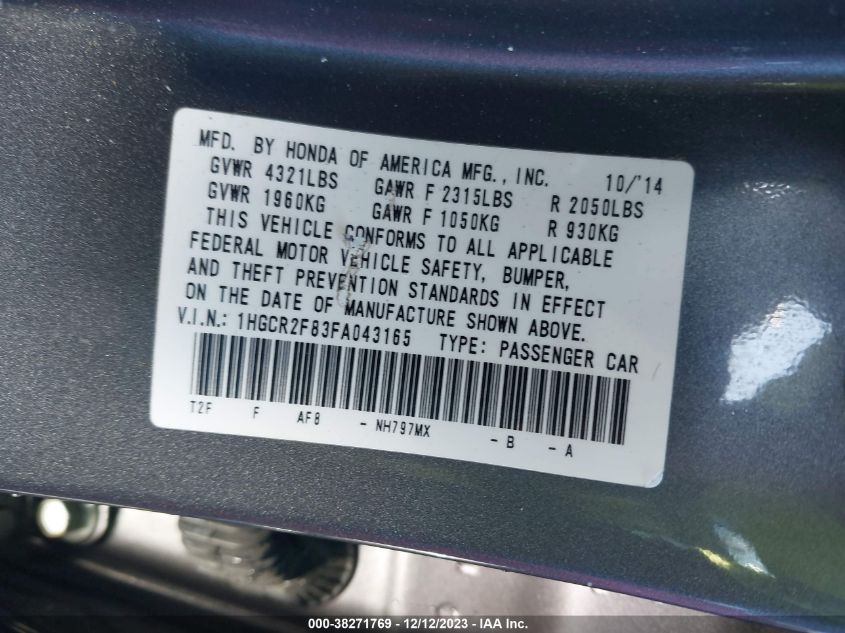 2015 HONDA ACCORD EX-L - 1HGCR2F83FA043165