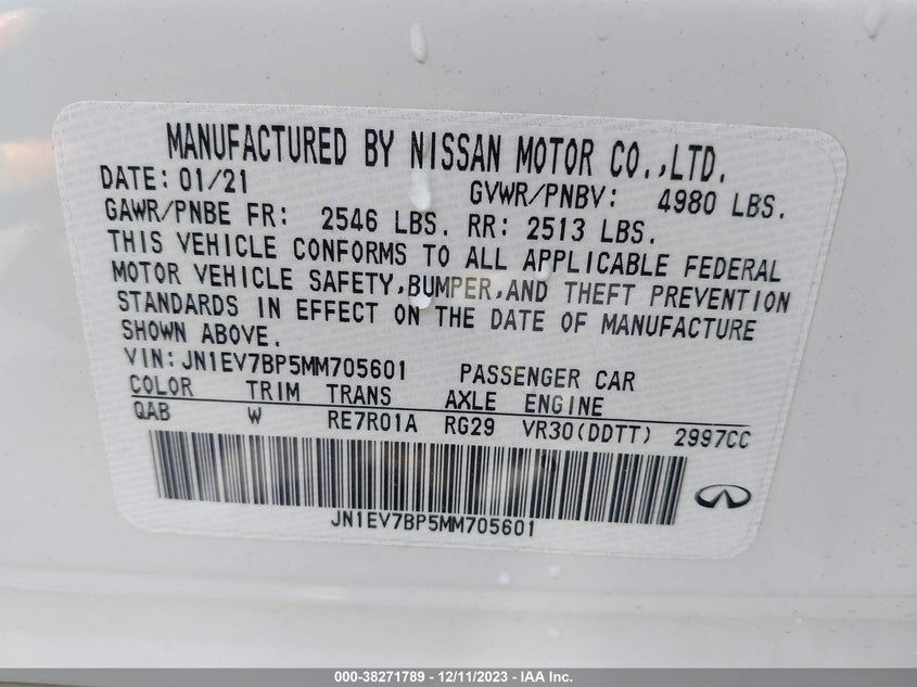 VIN JN1EV7BP5MM705601 2021 INFINITI Q50 3.0T LUXE