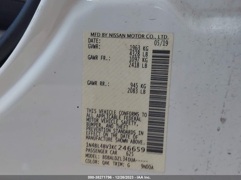VIN 1N4BL4BV3KC246659 2019 NISSAN ALTIMA 2.5 S