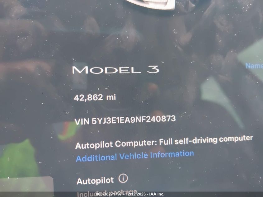 2022 TESLA MODEL 3 REAR-WHEEL DRIVE - 5YJ3E1EA9NF240873