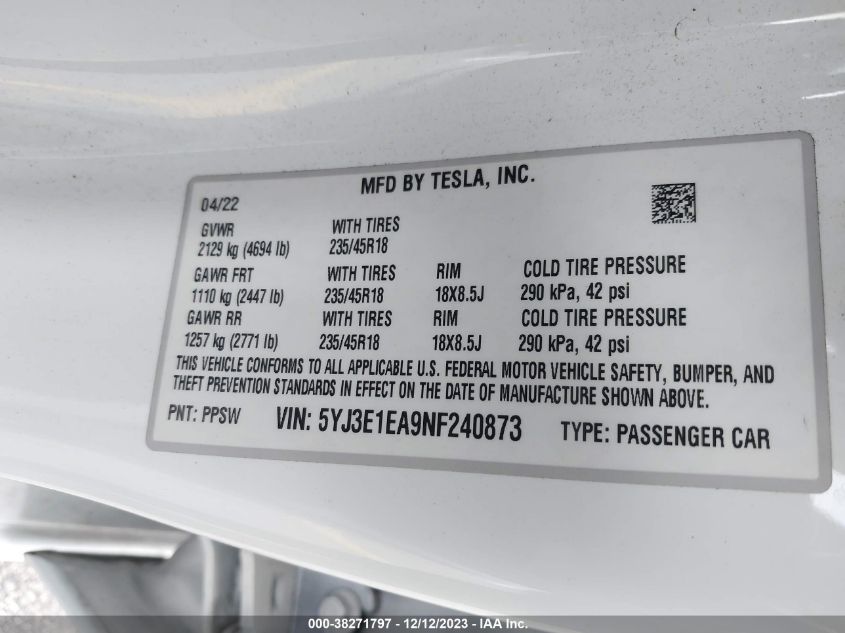 2022 TESLA MODEL 3 REAR-WHEEL DRIVE - 5YJ3E1EA9NF240873