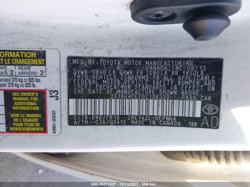 2013 TOYOTA COROLLA S/LE - 2T1BU4EE7DK106322