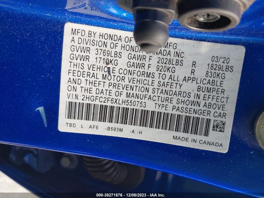 2020 HONDA CIVIC LX - 2HGFC2F6XLH550753