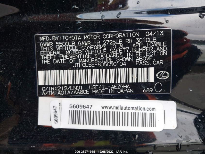 2013 LEXUS LS 460 L - JTHGL5EF8D5050104