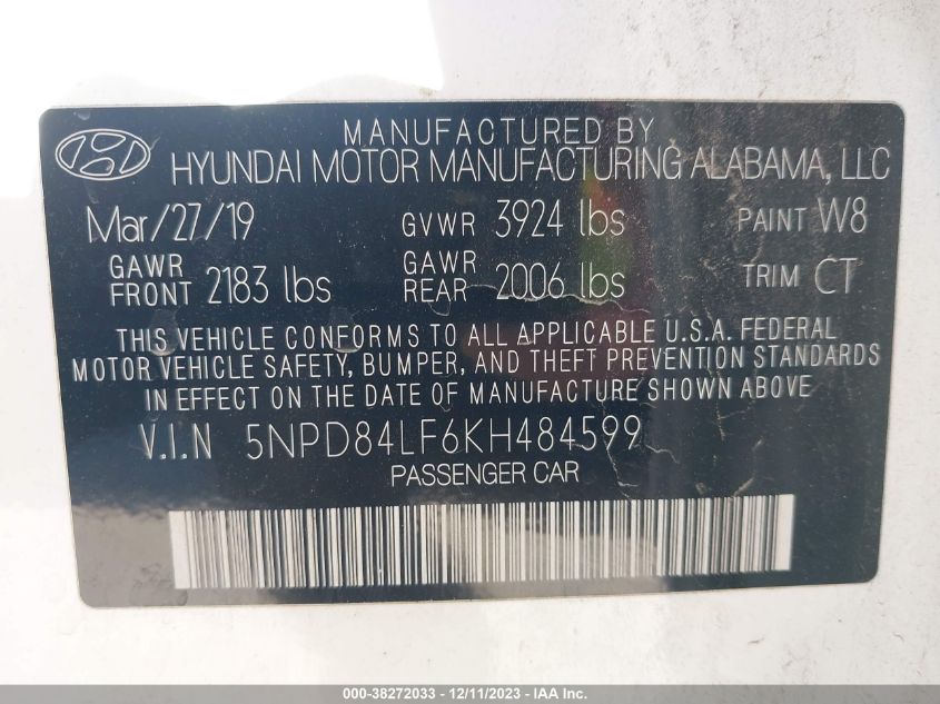 2019 HYUNDAI ELANTRA SEL - 5NPD84LF6KH484599