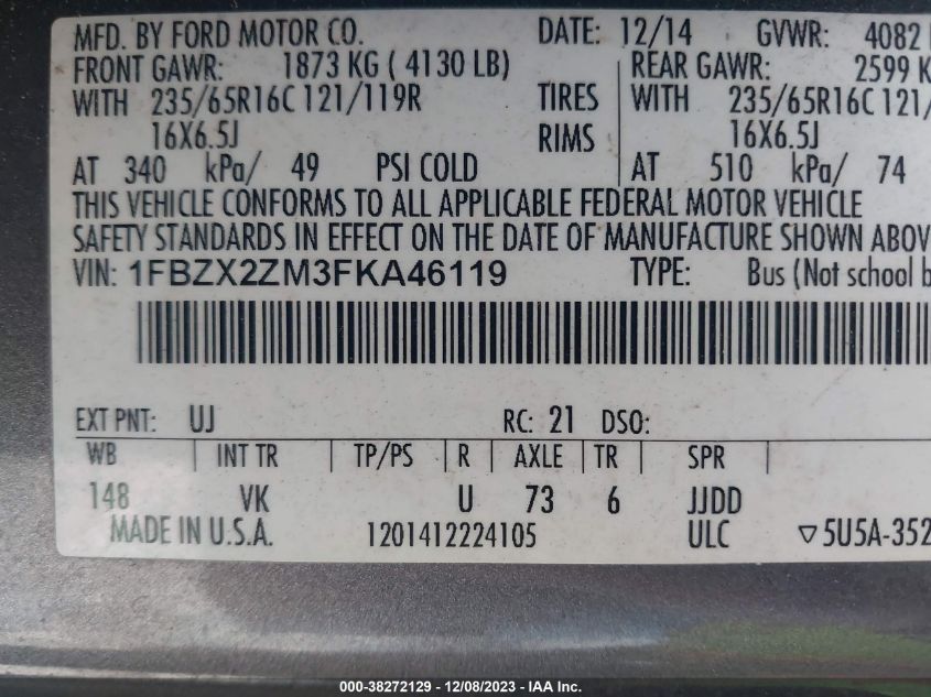 2015 FORD TRANSIT WAGON XL - 1FBZX2ZM3FKA46119