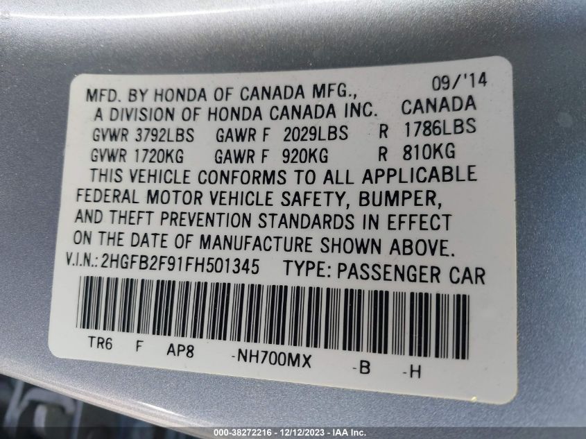2015 HONDA CIVIC EXL - 2HGFB2F91FH501345