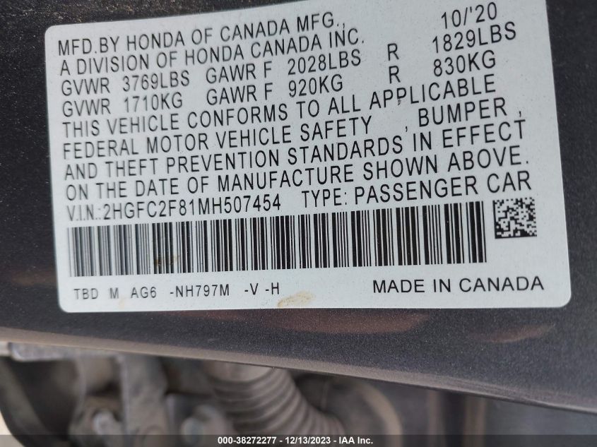 2021 HONDA CIVIC SPORT - 2HGFC2F81MH507454