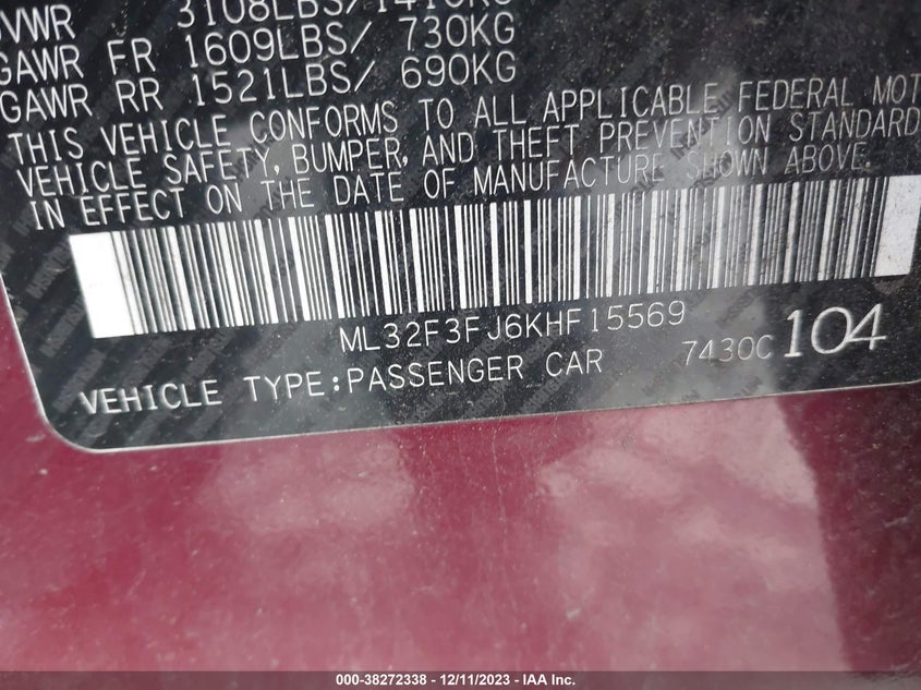 VIN ML32F3FJ6KHF15569 2019 MITSUBISHI MIRAGE G4 ES