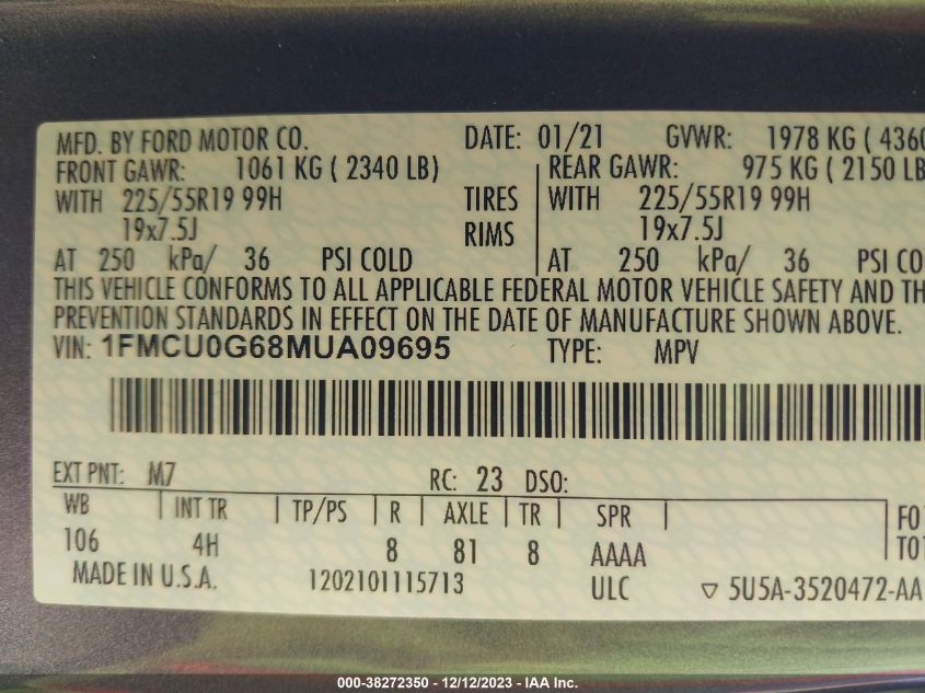 2021 FORD ESCAPE SE - 1FMCU0G68MUA09695