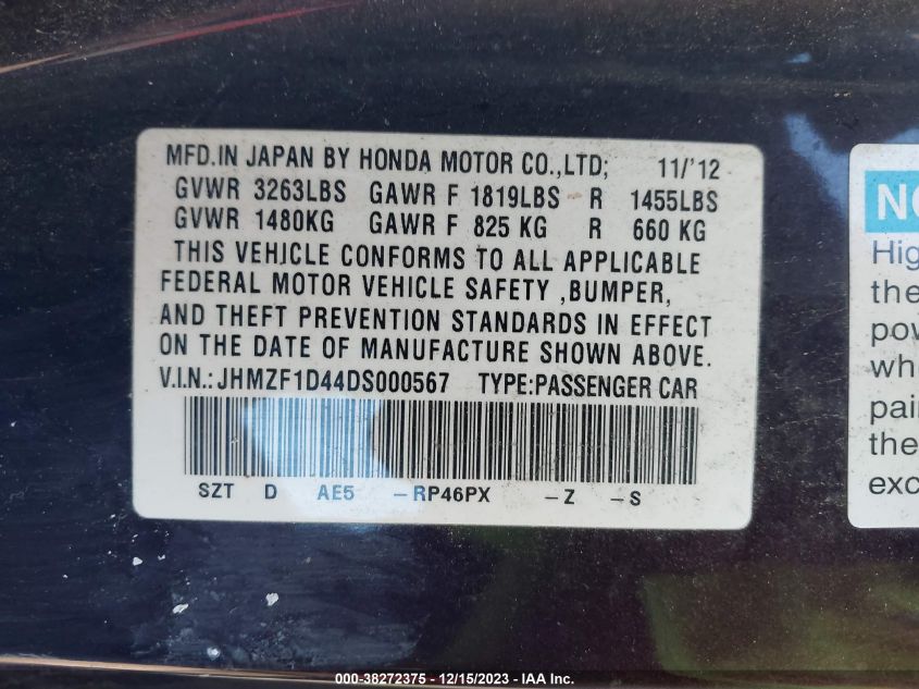 2013 HONDA CR-Z JHMZF1D44DS000567