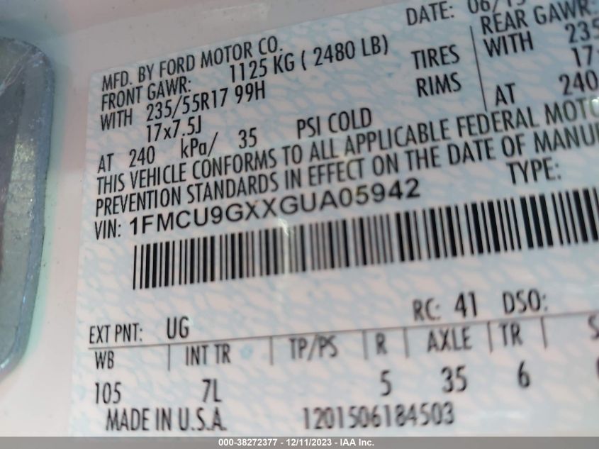 2016 FORD ESCAPE SE - 1FMCU9GXXGUA05942