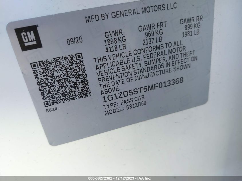 2021 CHEVROLET MALIBU LT - 1G1ZD5ST5MF013368