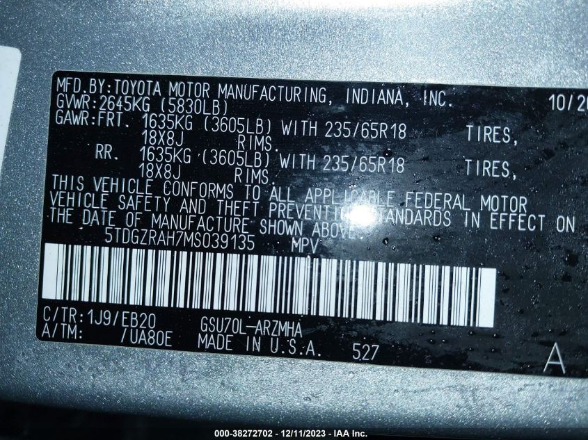 2021 TOYOTA HIGHLANDER XLE - 5TDGZRAH7MS039135