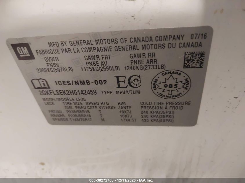 2017 GMC TERRAIN SLE - 2GKFLSEK2H6142459