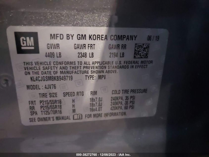 KL4CJGSM8KB949719 2019 BUICK ENCORE, photo no. 9