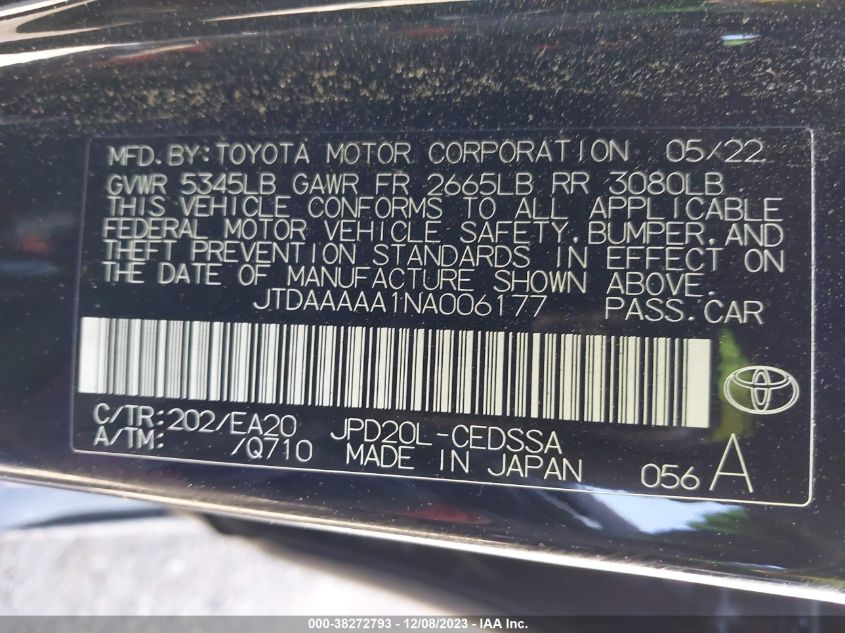 2022 TOYOTA MIRAI XLE JTDAAAAA1NA006177