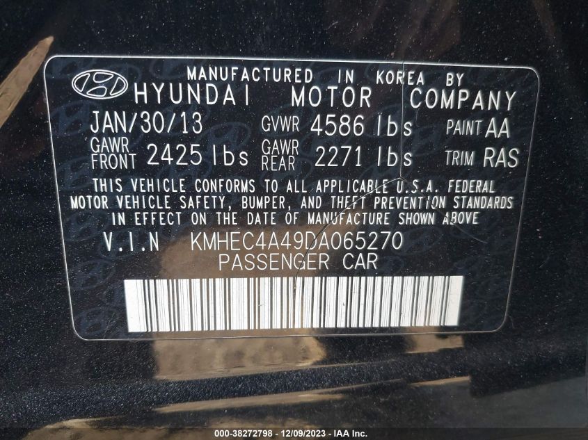 2013 HYUNDAI SONATA HYBRID - KMHEC4A49DA065270