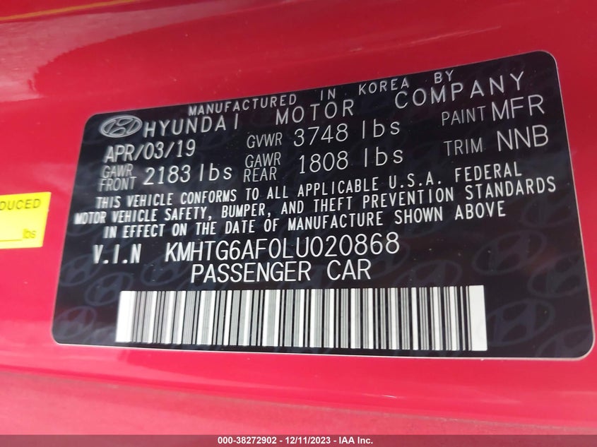 VIN KMHTG6AF0LU020868 2020 HYUNDAI VELOSTER PREMIUM