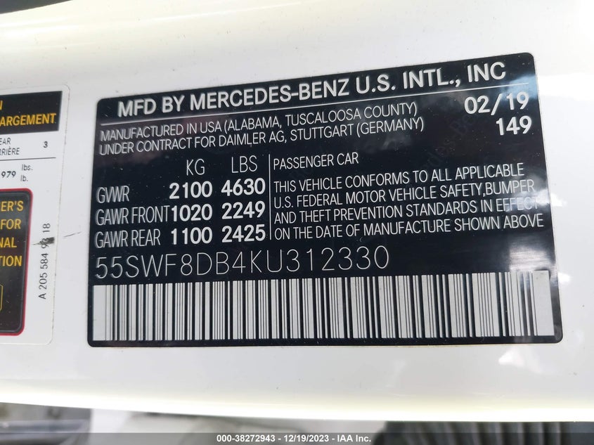 VIN 55SWF8DB4KU312330 2019 MERCEDES-BENZ C 300
