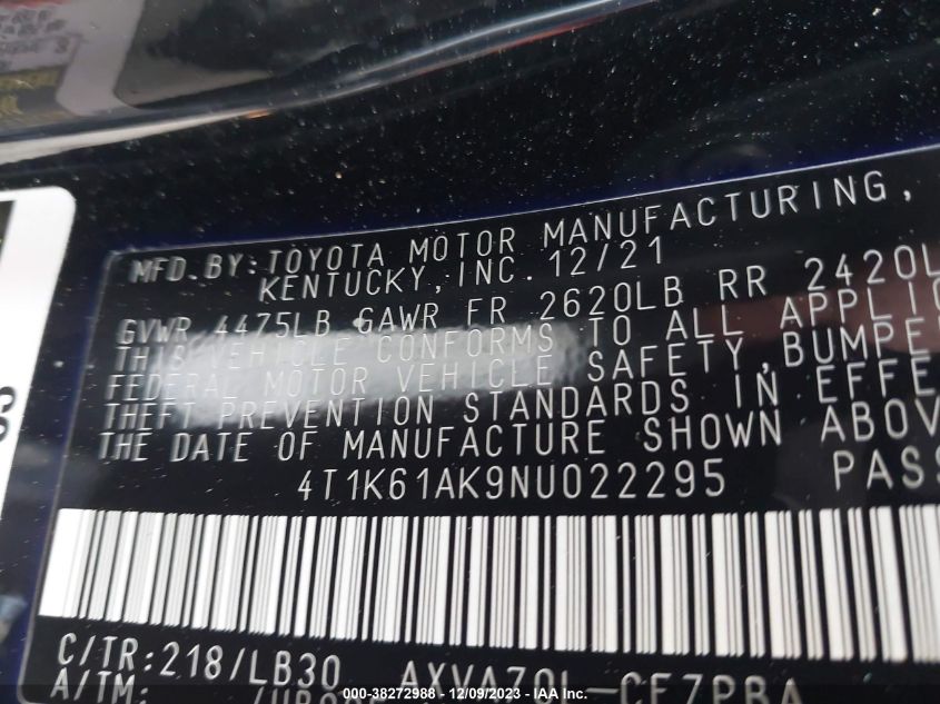 2022 TOYOTA CAMRY XSE - 4T1K61AK9NU022295