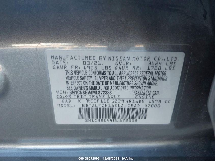 2021 NISSAN VERSA SV - 3N1CN8EV4ML872338