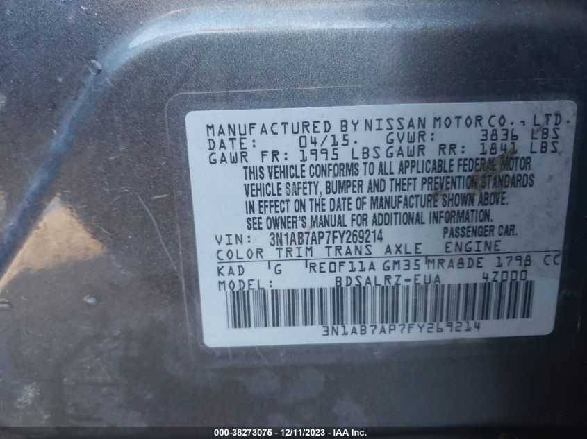 2015 NISSAN SENTRA SR - 3N1AB7AP7FY269214