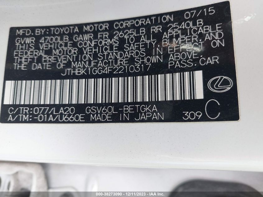 2015 LEXUS ES 350 - JTHBK1GG4F2210317