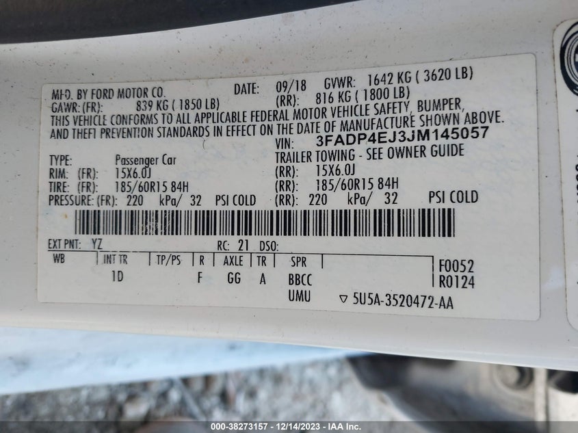 VIN 3FADP4EJ3JM145057 2018 FORD FIESTA SE