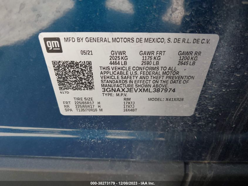 2021 CHEVROLET EQUINOX LT - 3GNAXJEVXML387974