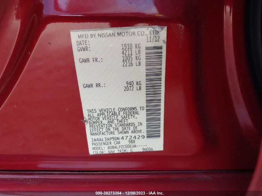 2013 NISSAN ALTIMA 2.5/S/SV/SL - 1N4AL3AP9DN472429