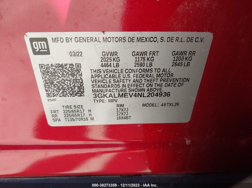 2022 GMC TERRAIN FWD SLE - 3GKALMEV4NL204936