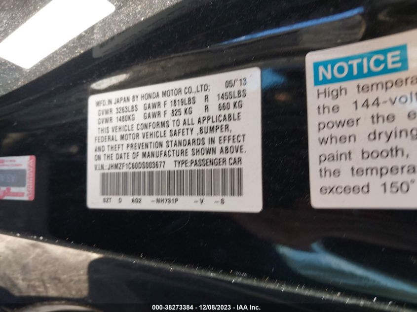 2013 HONDA CR-Z EX JHMZF1C60DS003677