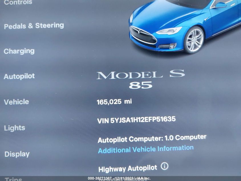 2014 TESLA MODEL S 60 KWH BATTERY/P85 - 5YJSA1H12EFP51635