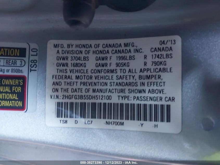 2013 HONDA CIVIC CPE LX 2HGFG3B55DH512100