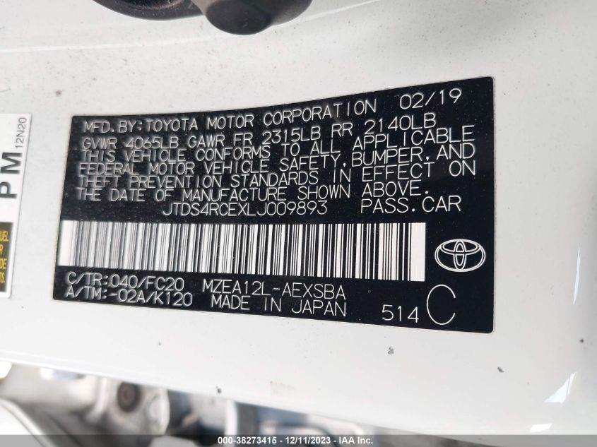 VIN JTDS4RCEXLJ009893 2020 TOYOTA COROLLA SE/NIGHT SHADE