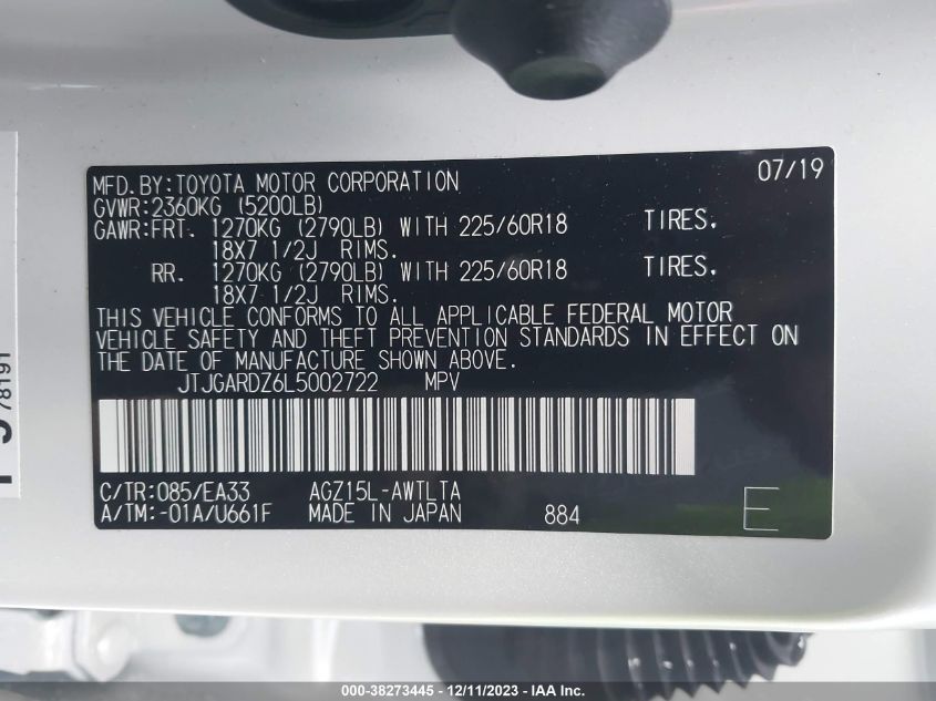 2020 LEXUS NX NX 300 JTJGARDZ6L5002722