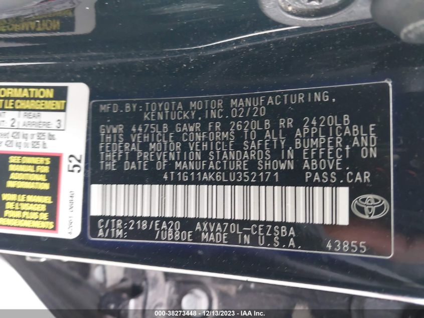2020 TOYOTA CAMRY SE/SE NIGHT SHADE - 4T1G11AK6LU352171