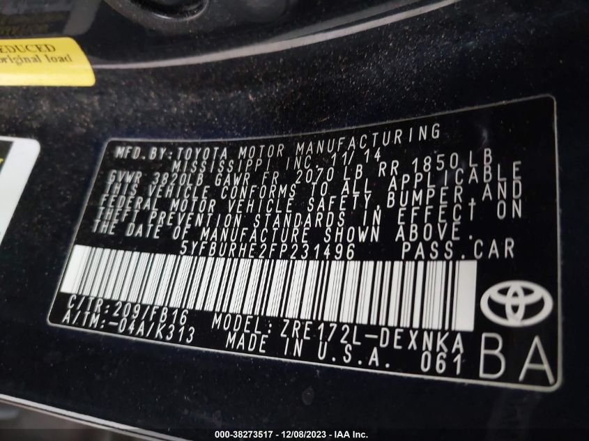 2015 TOYOTA COROLLA LE - 5YFBURHE2FP231496
