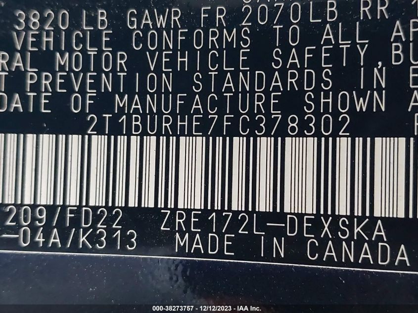 2015 TOYOTA COROLLA S - 2T1BURHE7FC378302