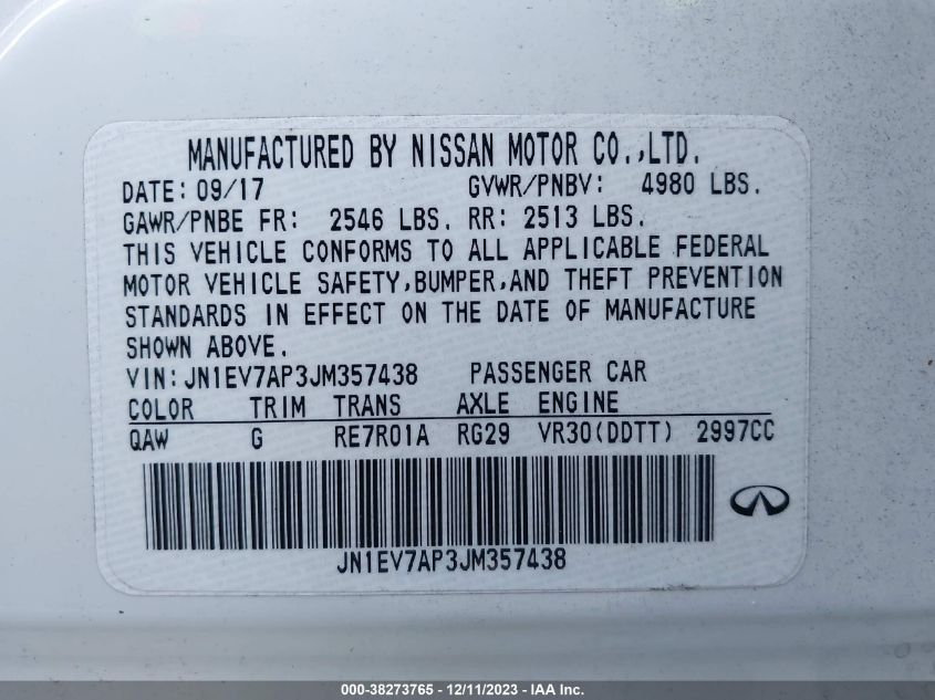 2018 INFINITI Q50 LUXE/SPORT - JN1EV7AP3JM357438