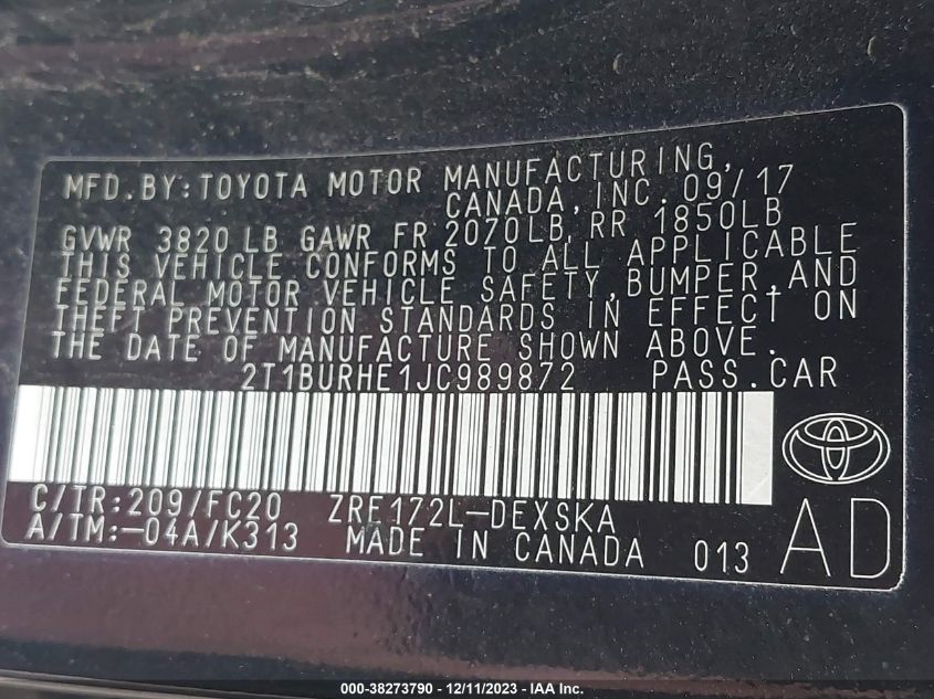 2018 TOYOTA COROLLA L/LE/XLE/SE/XSE - 2T1BURHE1JC989872