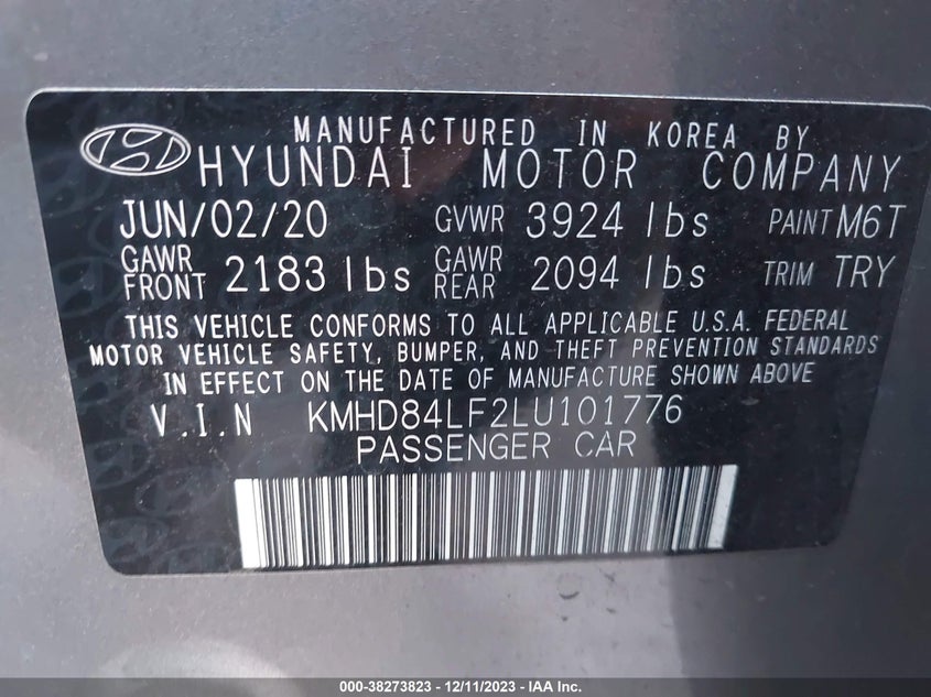 VIN KMHD84LF2LU101776 2020 HYUNDAI ELANTRA SEL