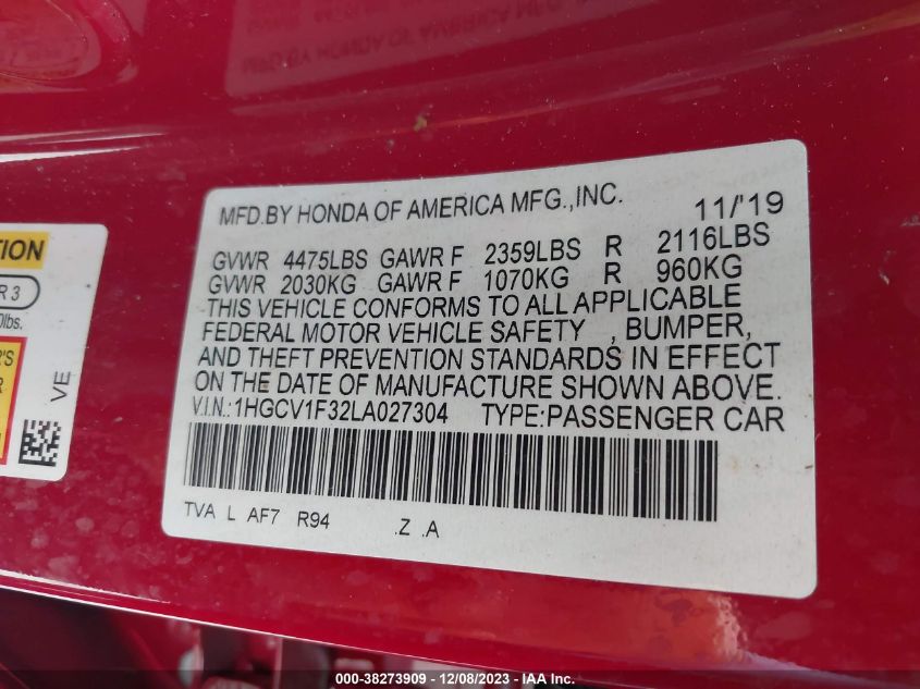 2020 HONDA ACCORD SPORT - 1HGCV1F32LA027304