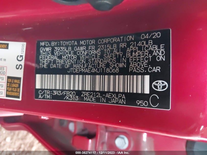 VIN JTDEPMAE4MJ118068 2021 TOYOTA COROLLA LE
