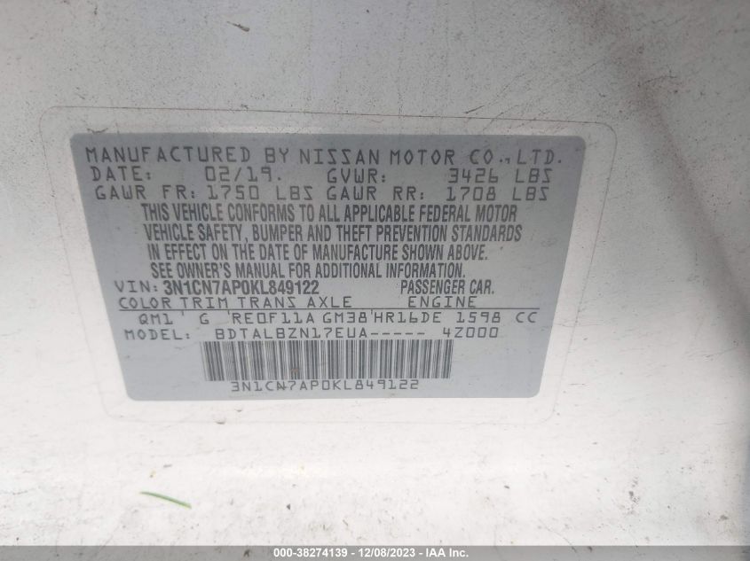 2019 NISSAN VERSA S/S PLUS/SV - 3N1CN7AP0KL849122