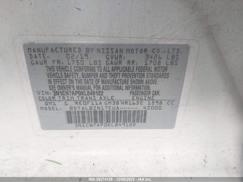 3N1CN7AP0KL849122 | 2019 NISSAN VERSA