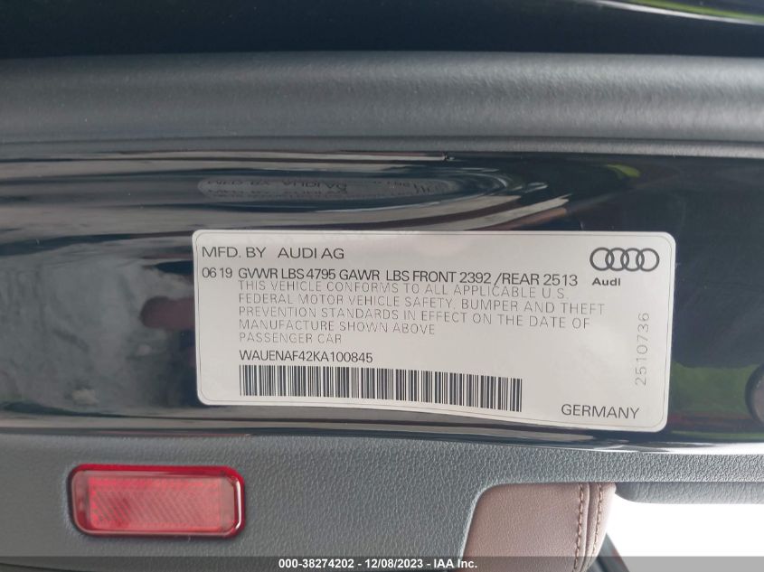 WAUENAF42KA100845 2019 AUDI A4, photo no. 8